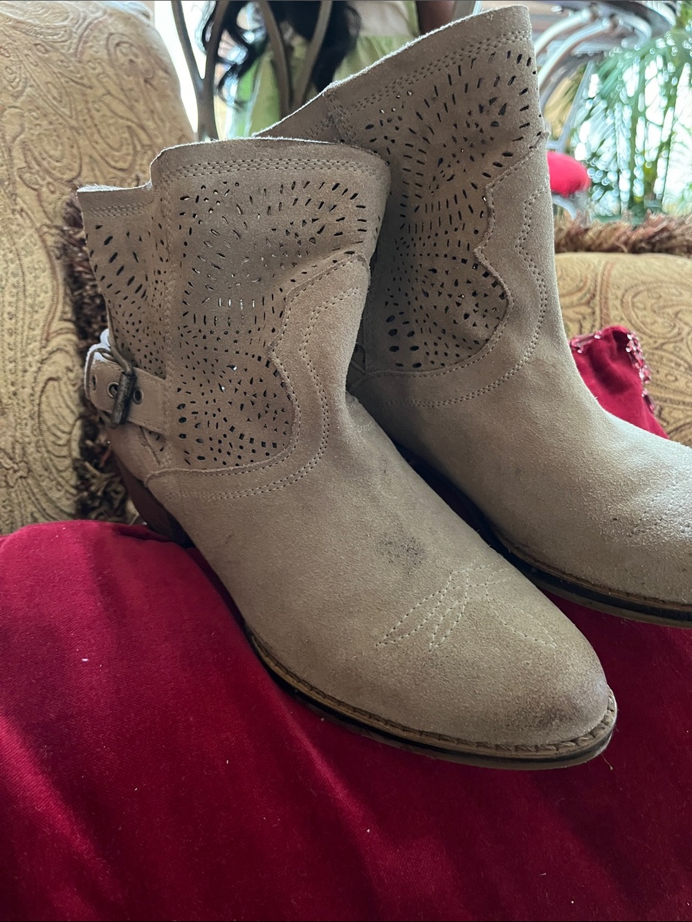 Source Unknown Taupe Suede Perforated Ankle Booties with Buckle Detail